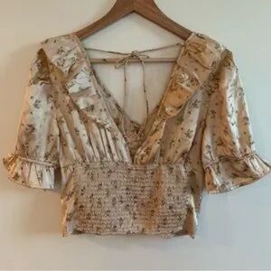 Free People Floral Puff Sleeve Top | Smocked Waist Peasant Boho Blouse S